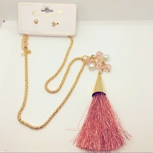 NECKLACE BOHO Tassel & CZ EARRING SET IN PINK!